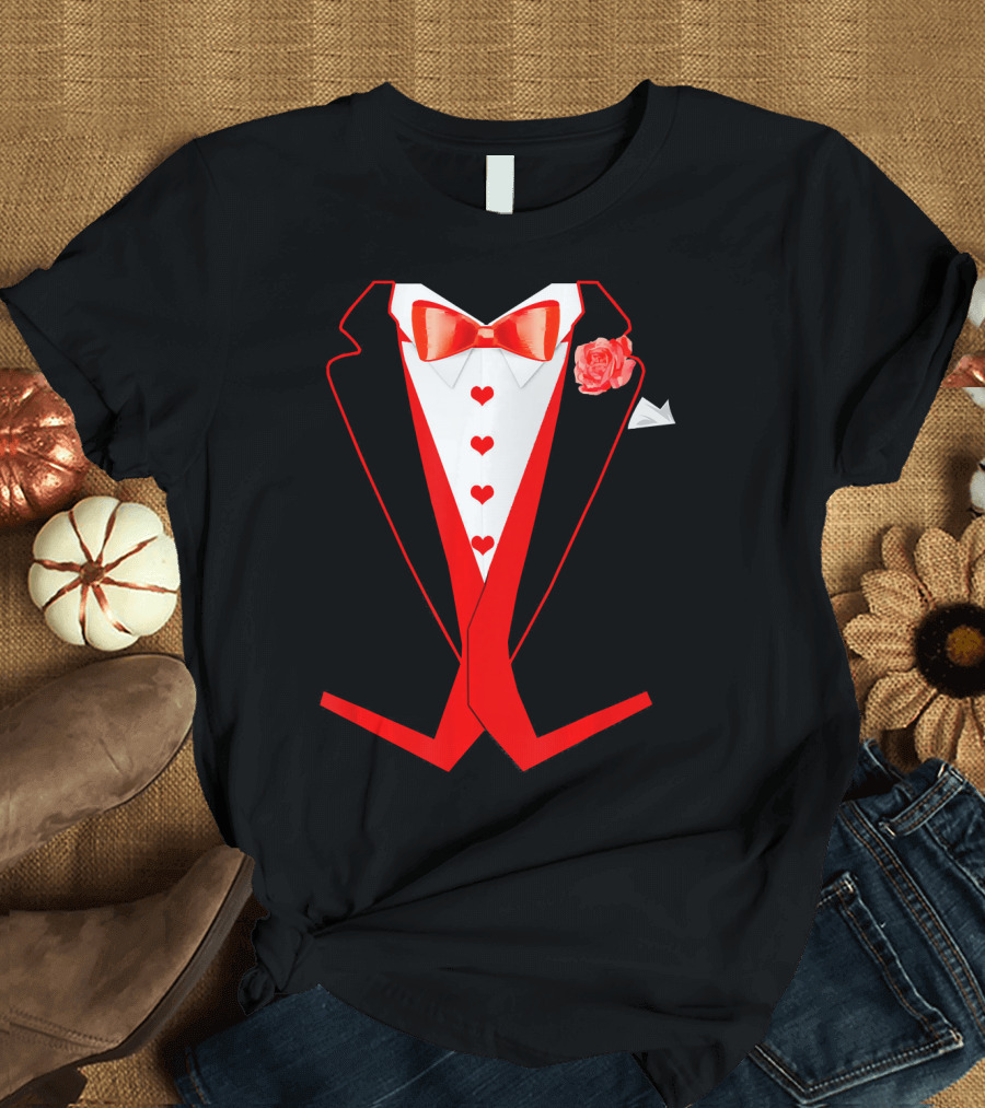 Tuxedo Red Hearts Cool Funny Valentines Bow Tie Rose T-Shirt