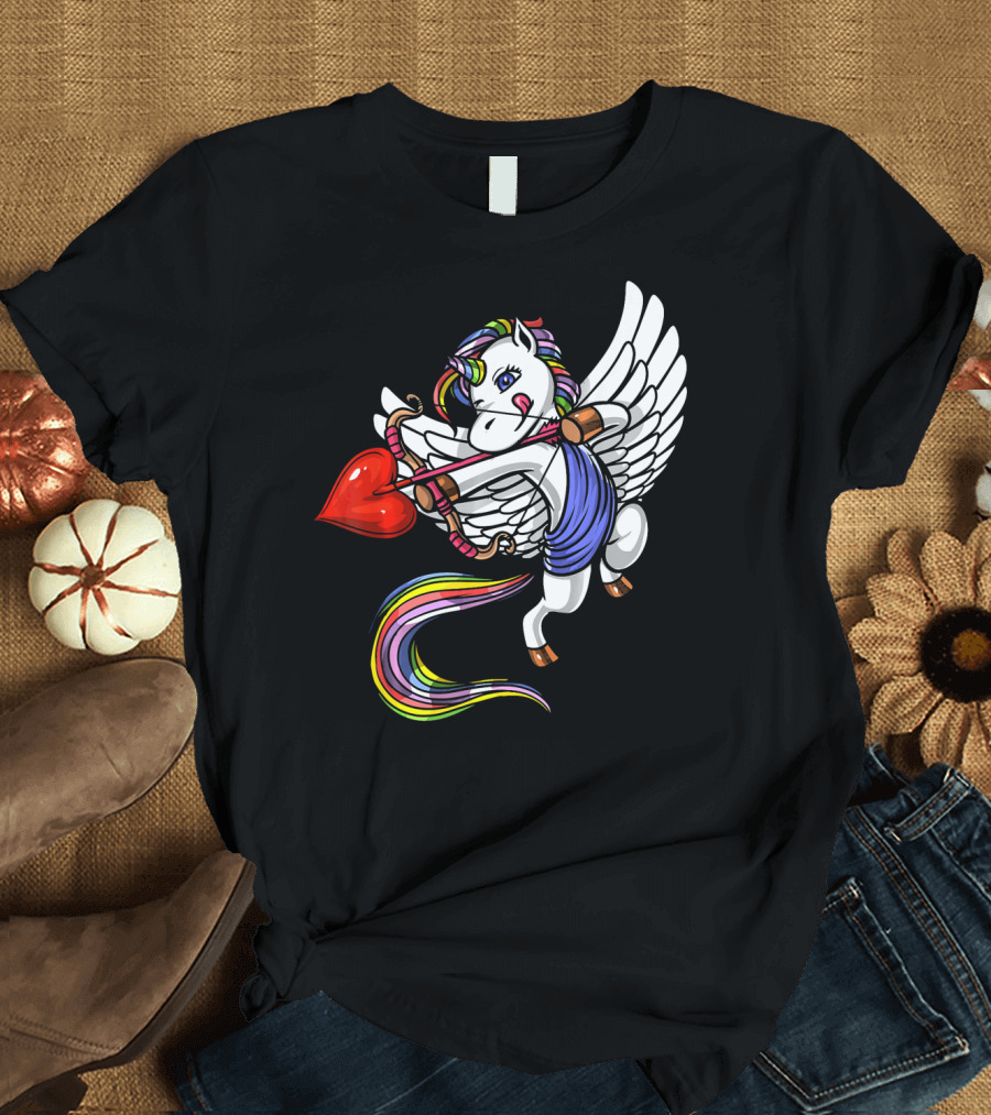 Unicorn Cupid Heart Valentines Day Rainbow Pegasus T-Shirt