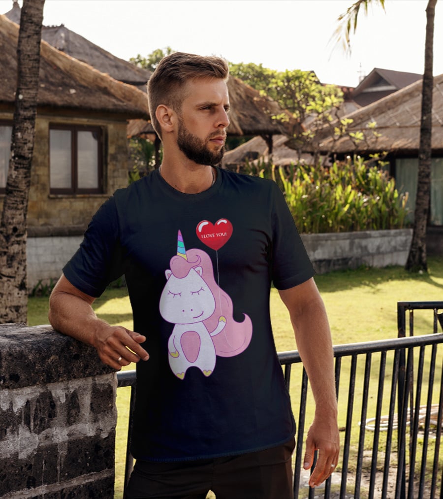 Unicorn Holding Heart Balloon With I Love You Message Valentine T-Shirt