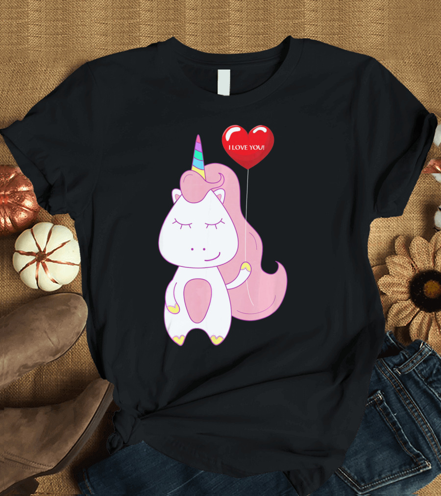 Unicorn Holding Heart Balloon with I Love You Message Valentine T-Shirt