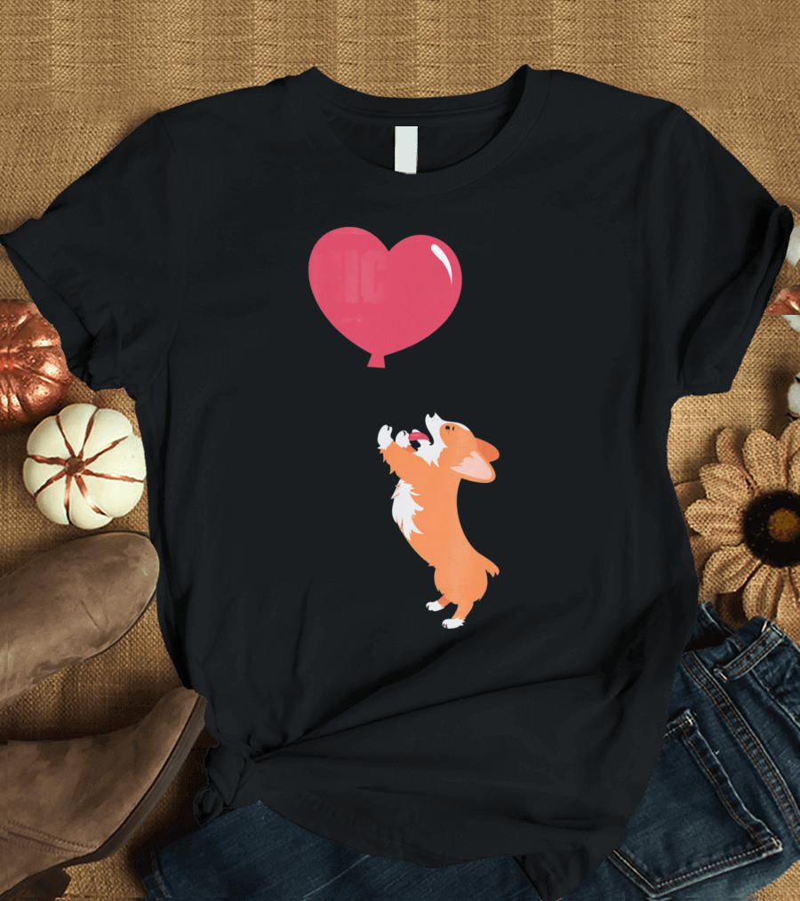 Little Corgi Puppy Dog Reaching for Red Heart Balloon T-Shirt