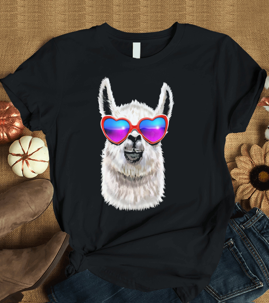 Llama Valentine's Day Heart Sunglasses Fashion T-Shirt