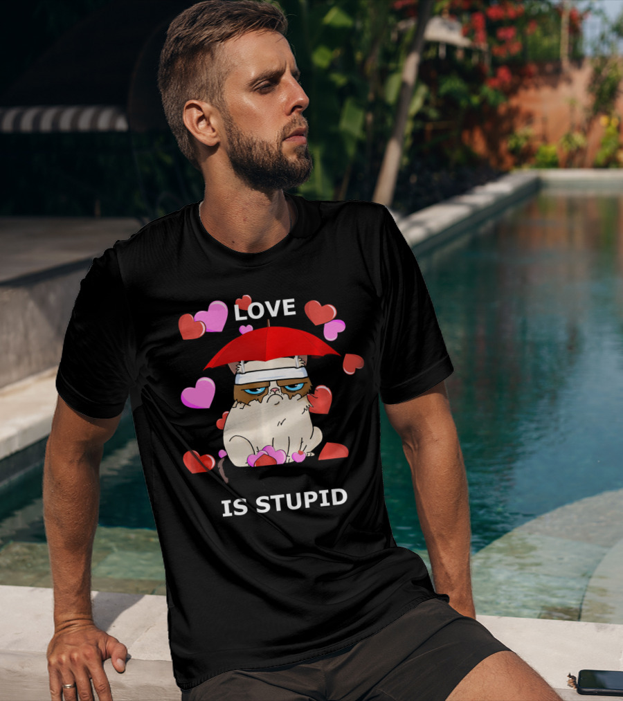 Love Is Stupid Valentines Cat With Hearts And Red Umbrella T-Shirt