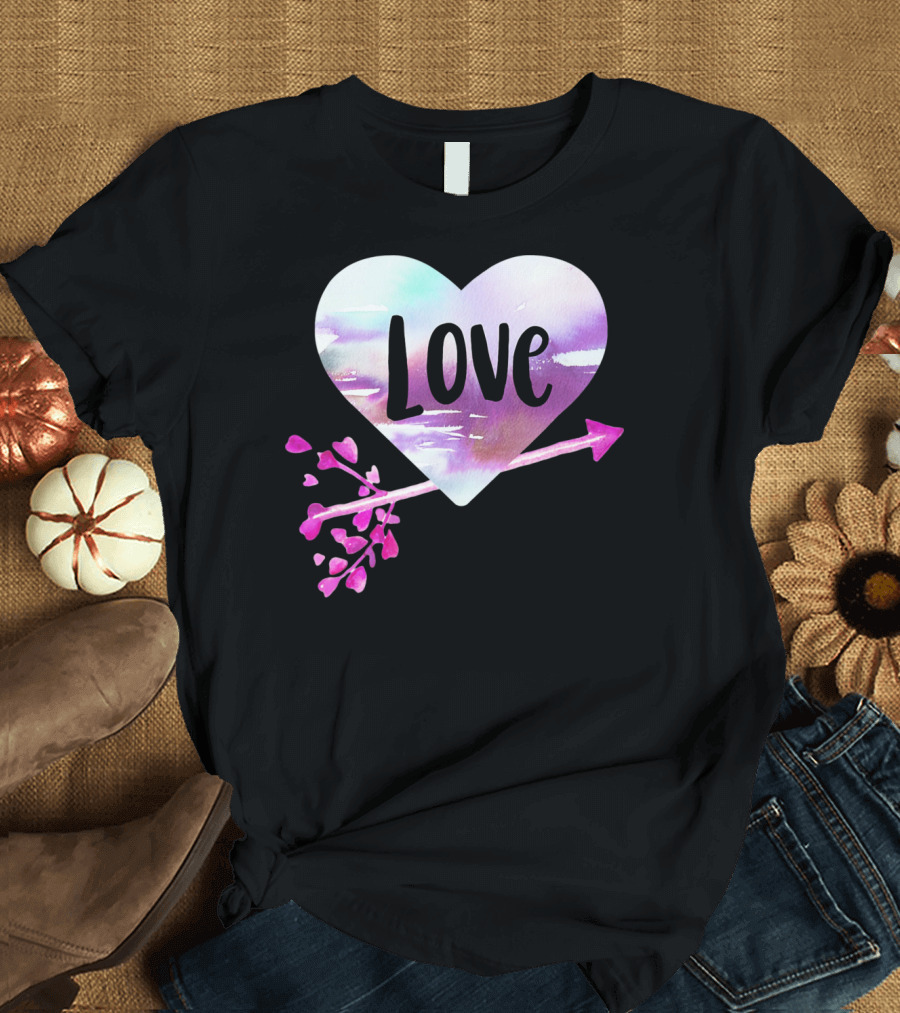 Love Watercolor Heart with Pink Arrow Valentine's T-Shirt