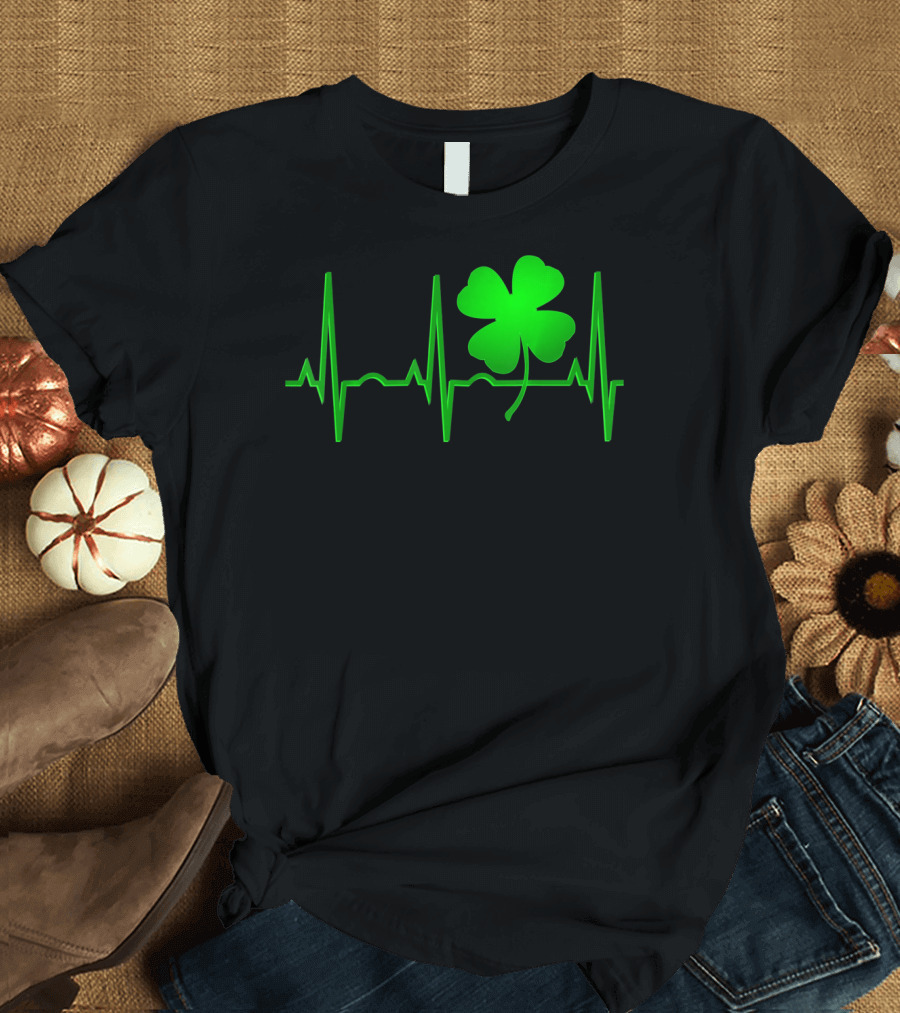 St Patricks Day Irish Shamrock Heartbeat EKG T-Shirt