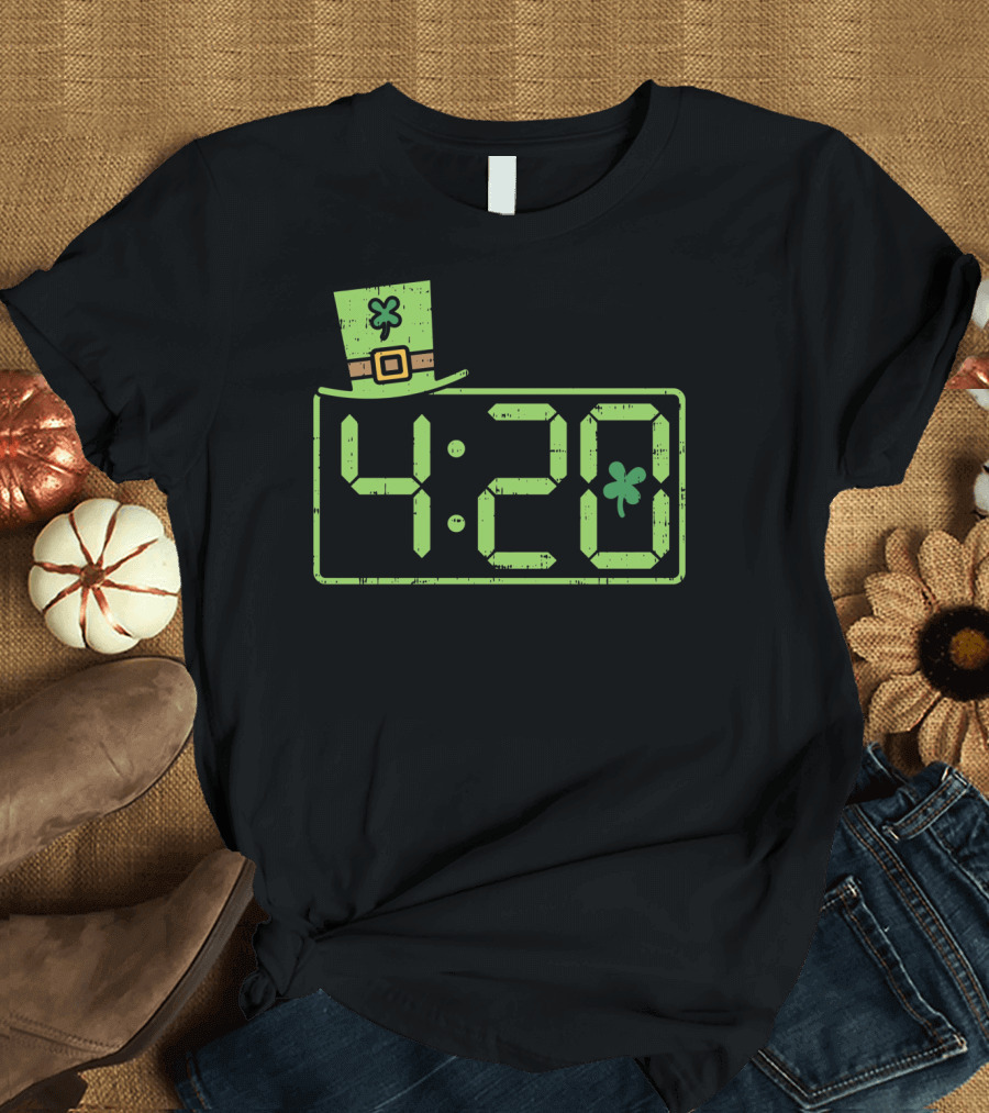 St Patricks Day 420 Clock with Leprechaun Hat and Shamrock T-Shirt