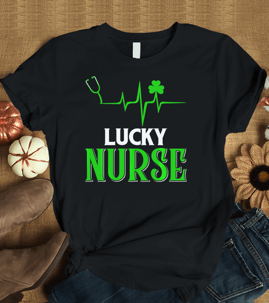 LUCKY NURSE Stethoscope Shamrock Heartbeat T-Shirt