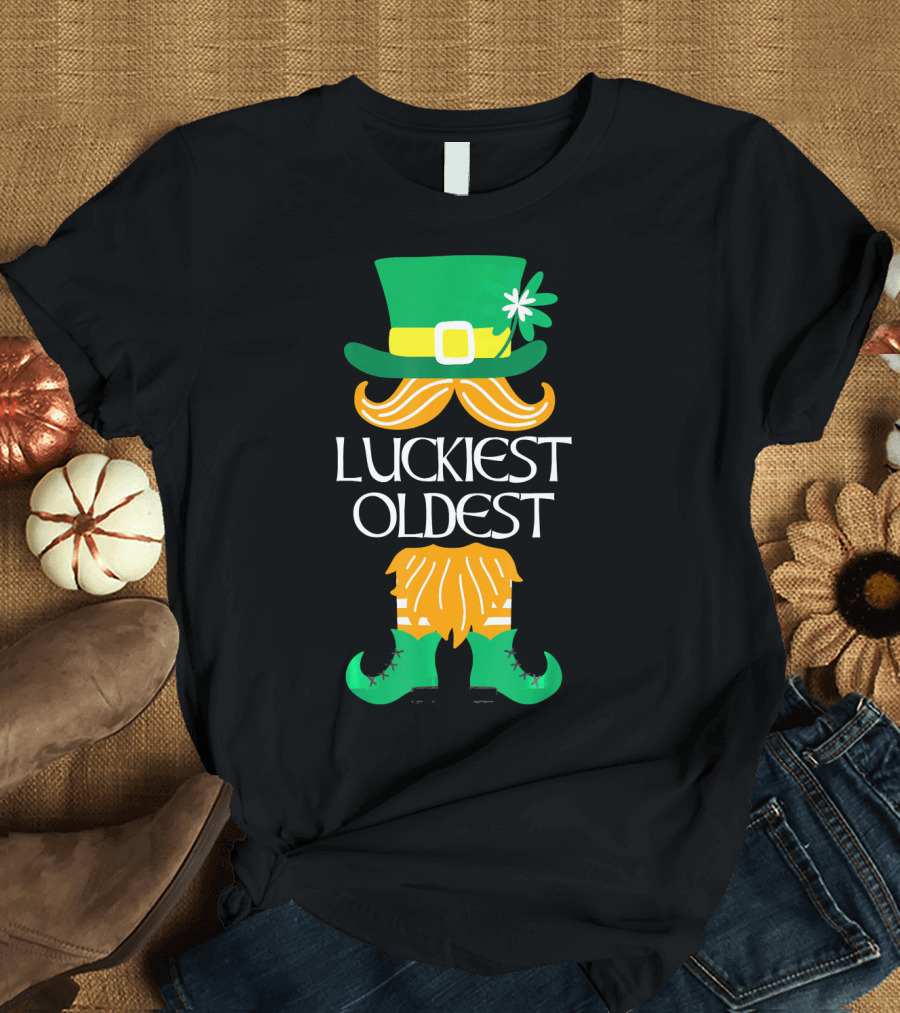 Luckiest Oldest Leprechaun Irish Green Hat and Boots T-Shirt