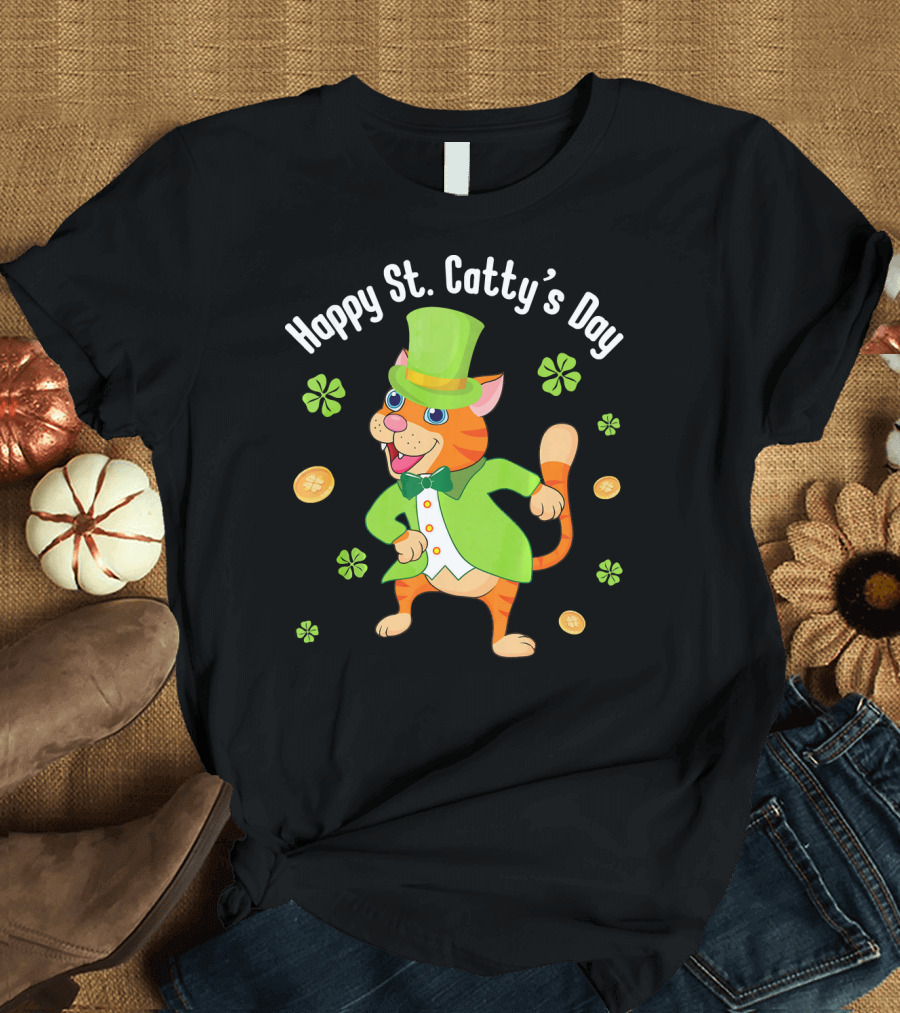Hoppy St. Catty's Day Irish Cat Leprechaun Dance Gold Shamrock T-Shirt