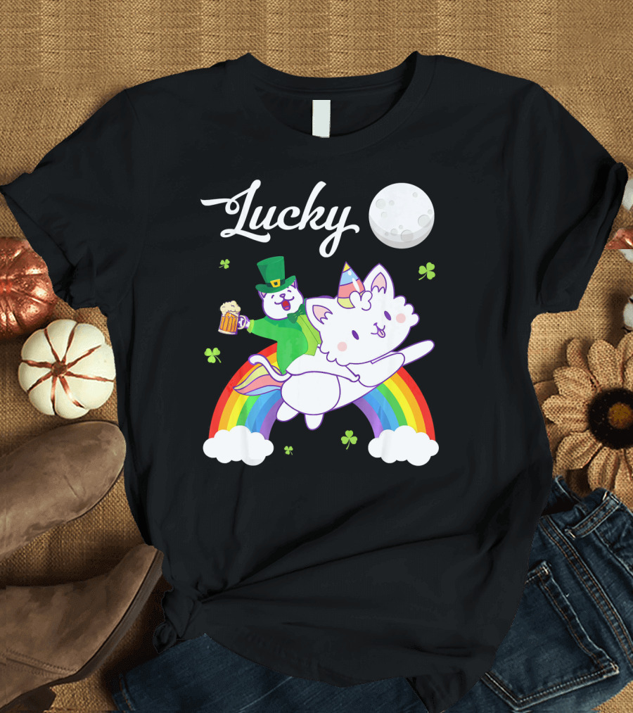 Lucky Leprechaun Cat Riding Unicorn Cat Over Rainbow with Beer and Moon T-Shirt