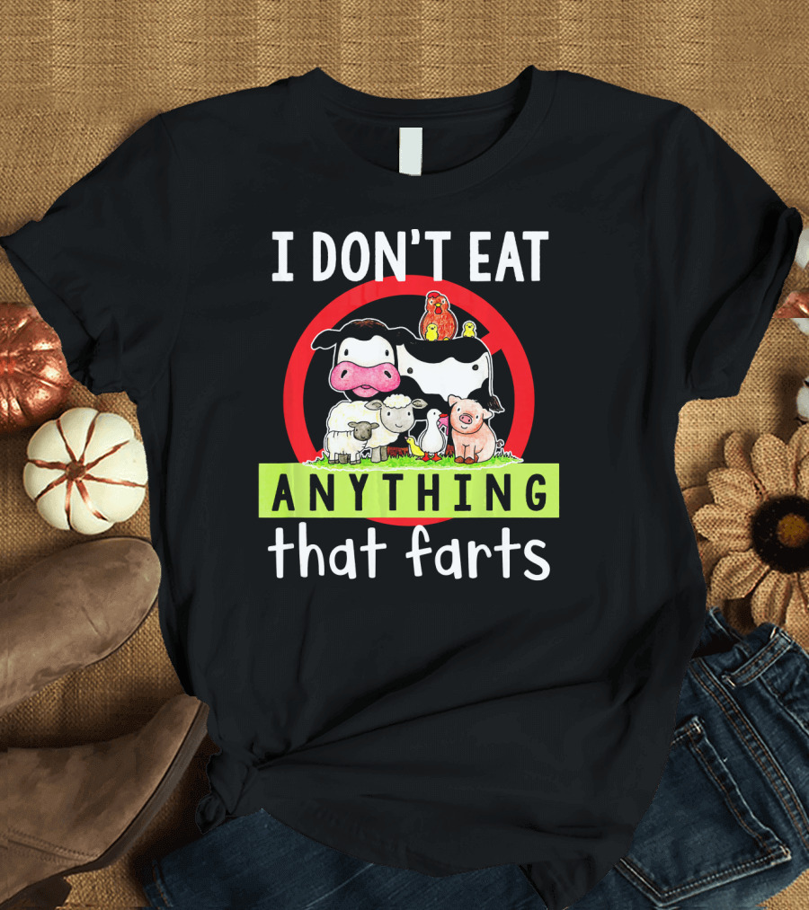 I Don't Eat Anything That Farts Vegetaria Cow Sheep Pig Chicken Cartoon T-Shirt