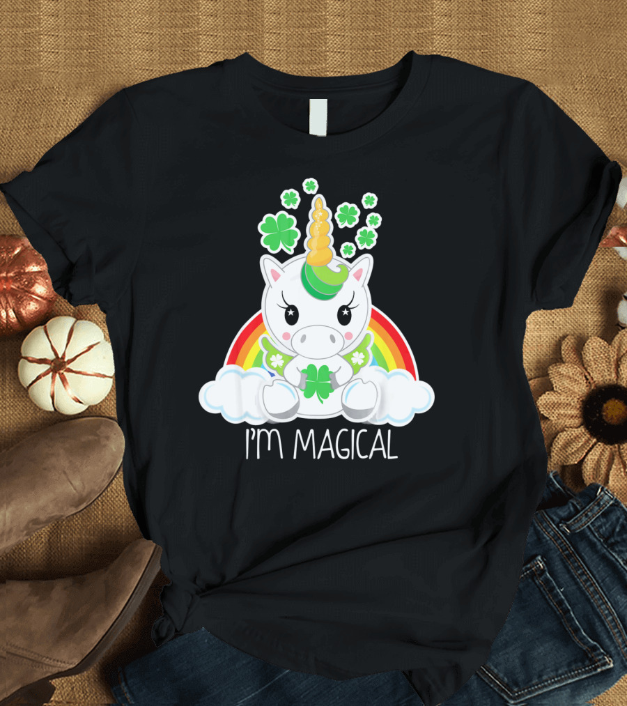 Girls Cute Unicorn I'm Magical Rainbow Clover T-Shirt