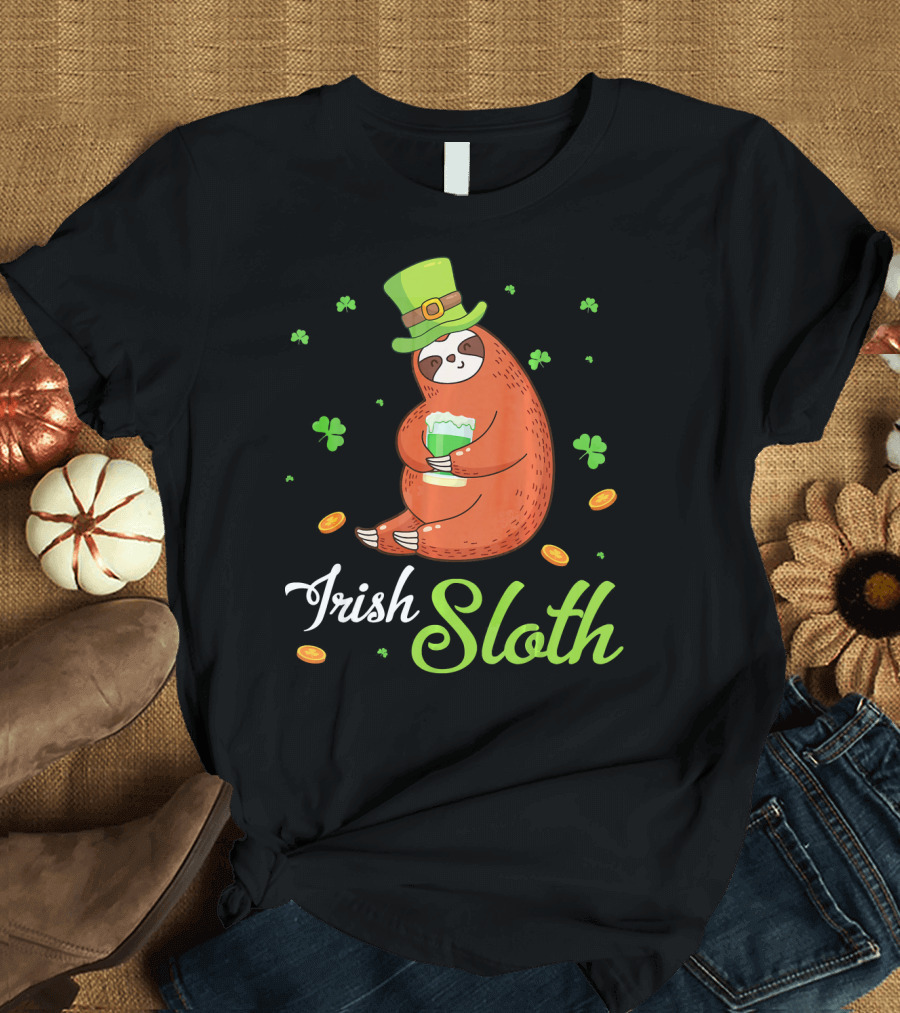 Irish Sloth Leprechaun Drinking Shamrocks Go T-Shirt