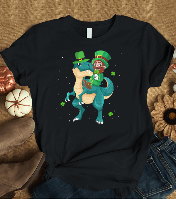 T-Shirt: Leprechaun Riding Rex Dinosaur with Shamrocks and Stars T-Shirt Leprechaun Riding Rex Dinosaur with Shamrocks and Stars T-Shirt