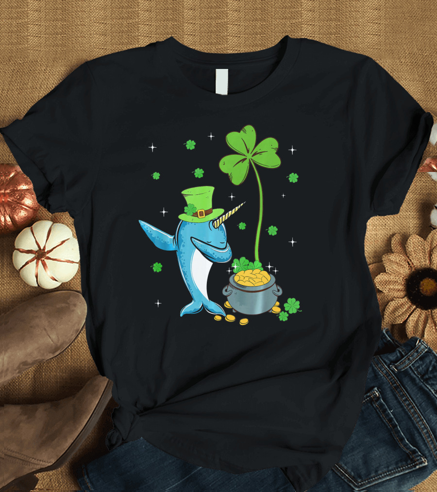 Shamrock Leprechaun Narwhal with Pot of Gold St Patricks T-Shirt