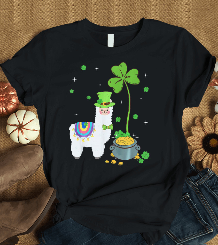 Shamrock Llama Leprechaun Pot of Gold St Patricks T-Shirt