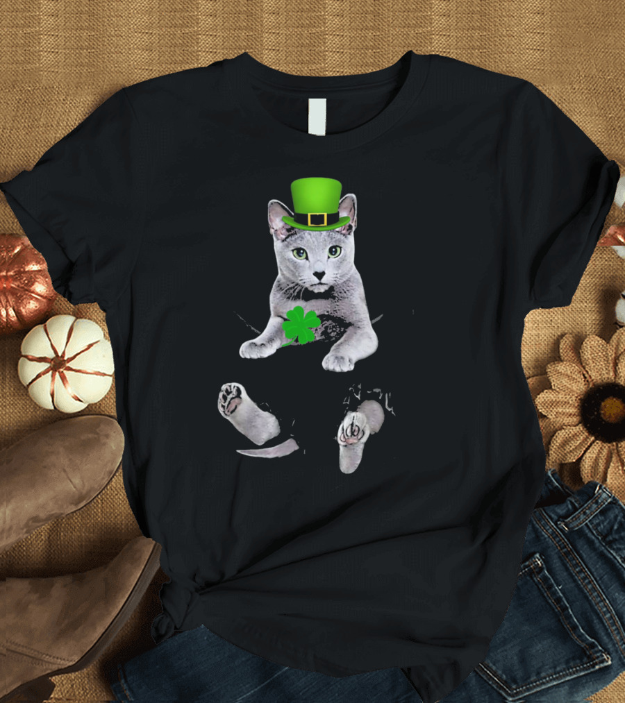 St Patricks Day Russian Blue Cat with Shamrock and Green Hat T-Shirt