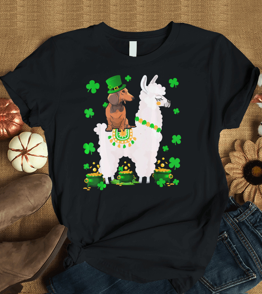 Leprechaun Dachshund Riding Llama Shamrocks Pots of Gold T-Shirt