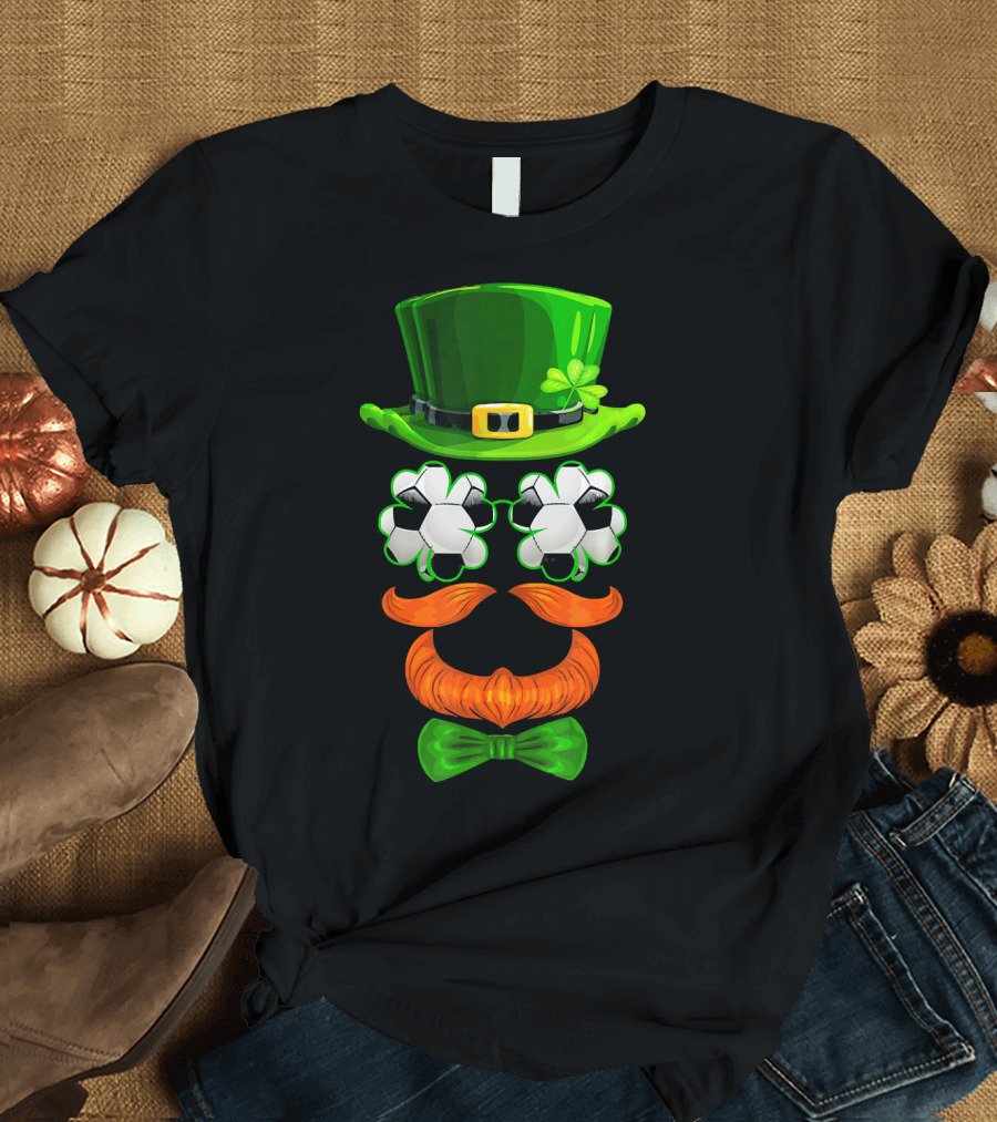 Leprechaun Hat with Soccer Ball Shamrock Glasses and Clover Bowtie T-Shirt