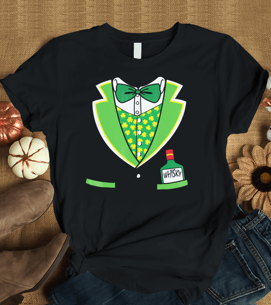 St Patricks Day Tuxedo Costume with Shamrock Vest and Whisky Flask T-Shirt