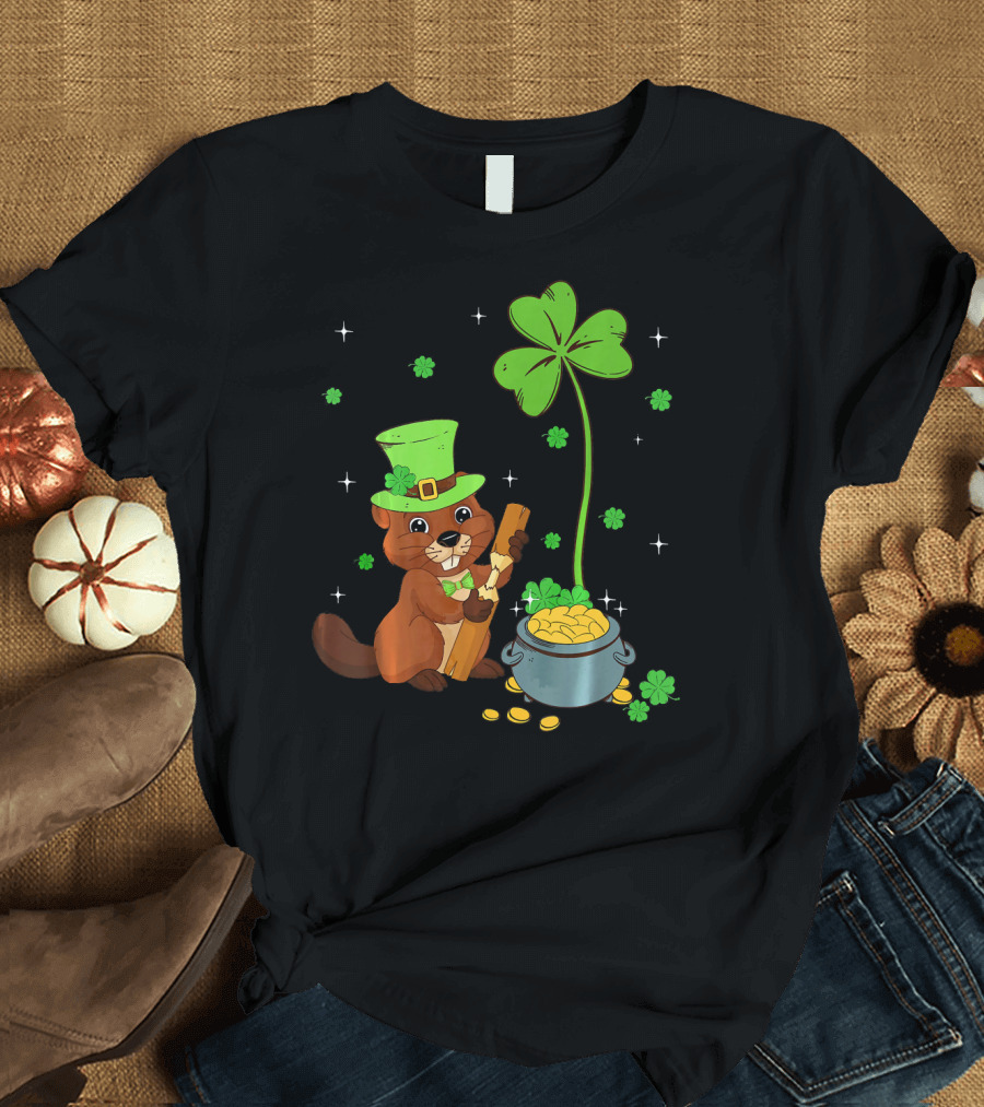 Shamrock-Leprechaun Beaver with Pot of Gold and Clover for St Patricks T-Shirt
