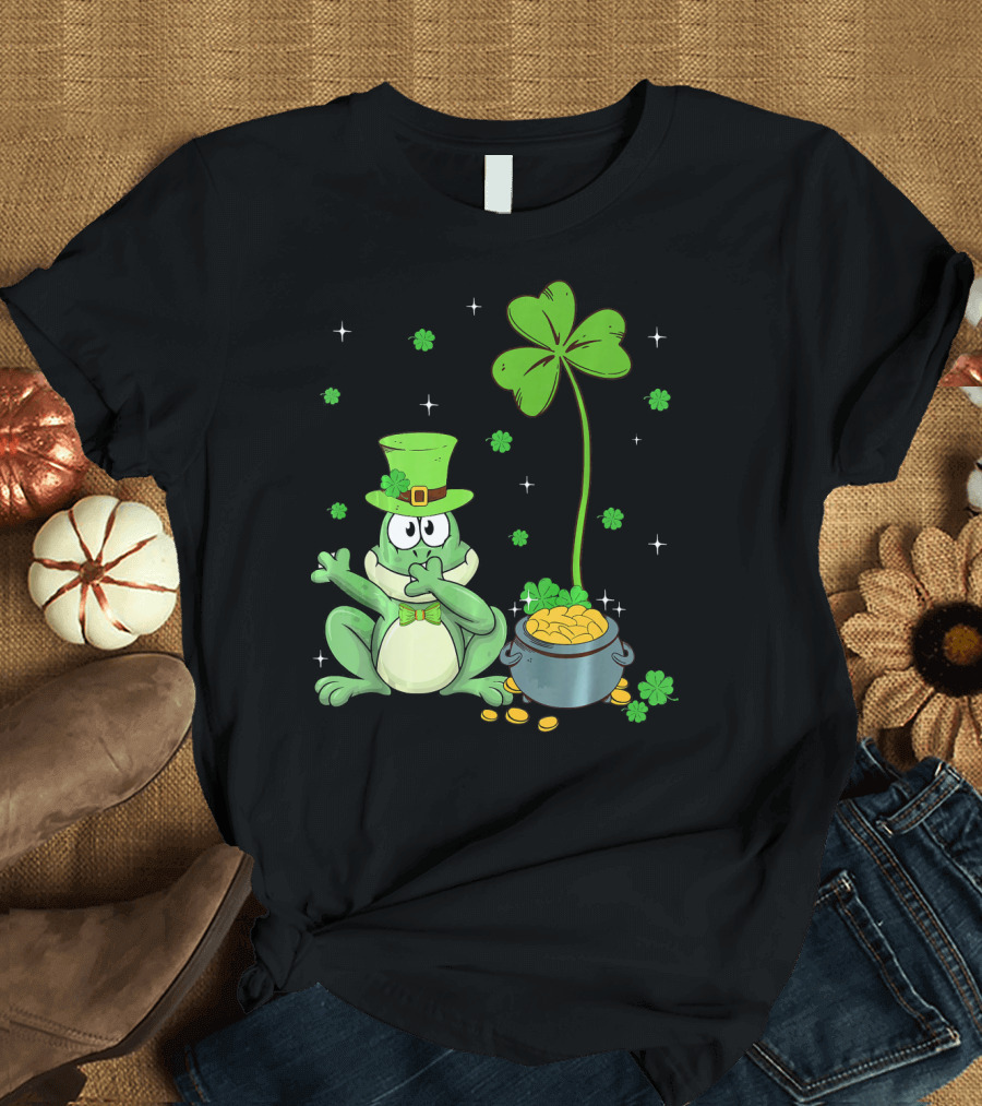 Shamrock Leprechaun Frog with Pot of Gold and Clover Hat T-Shirt