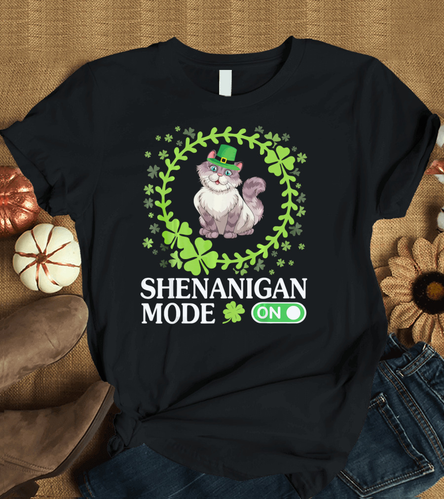 Shenanigan Mode On with Leprechaun Cat in Shamrocks Circle T-Shirt