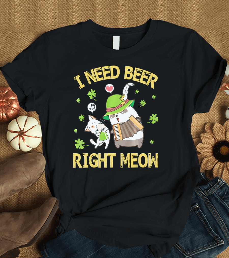 I Need Beer Right Meow Cat and Leprechaun Drinking and Dancing T-Shirt