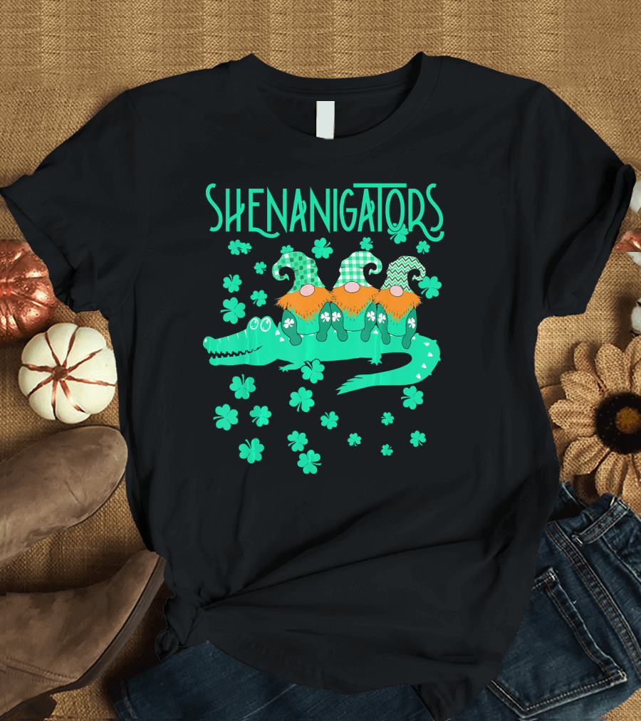 Shenanigators Funny Cute Alligator with Gnomes and Shamrocks T-Shirt