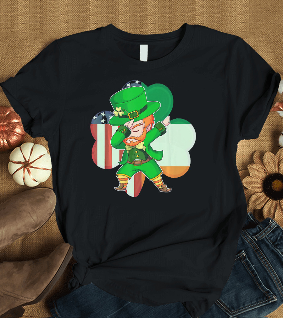 Funny Dabbing Leprechaun Shamrock American Irish Flag T-Shirt