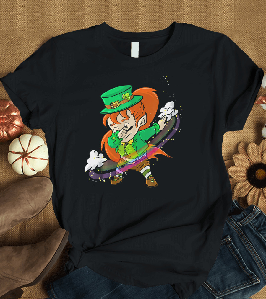 Dabbing Leprechaun Girl with Green Hat and Rainbow Magic T-Shirt