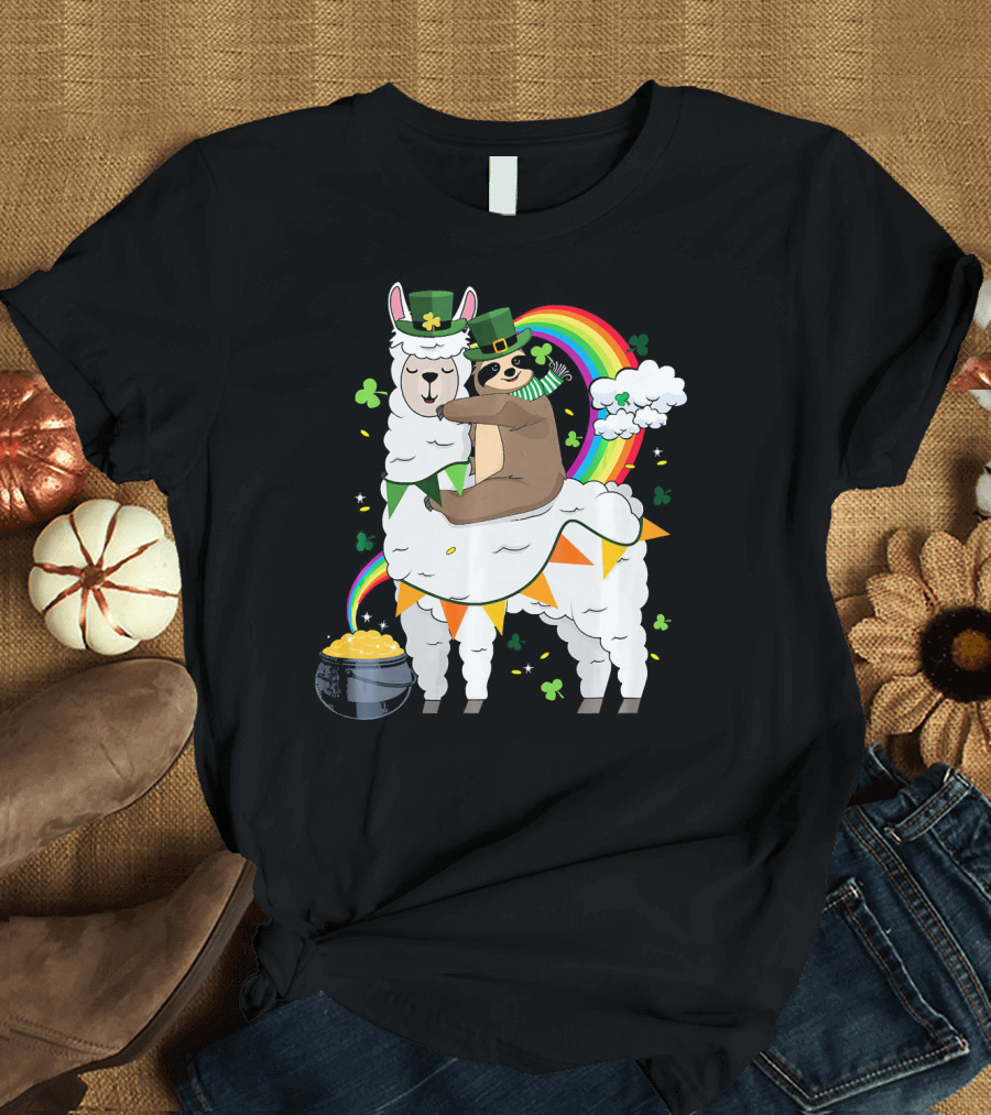 St. Patrick's Day Sloth Leprechaun with Rainbow and Gold on Llama T-Shirt