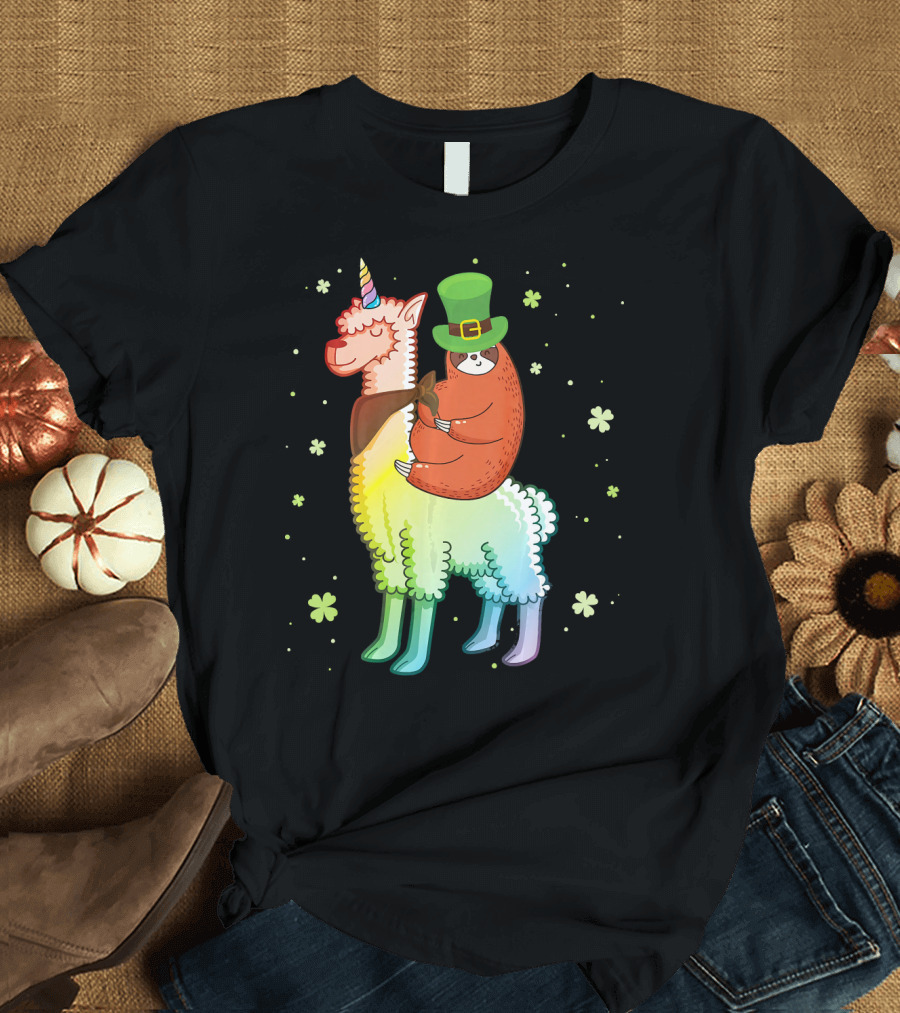 Cute Sloth Leprechaun Riding Rainbow Unicorn Llama with Shamrocks T-Shirt