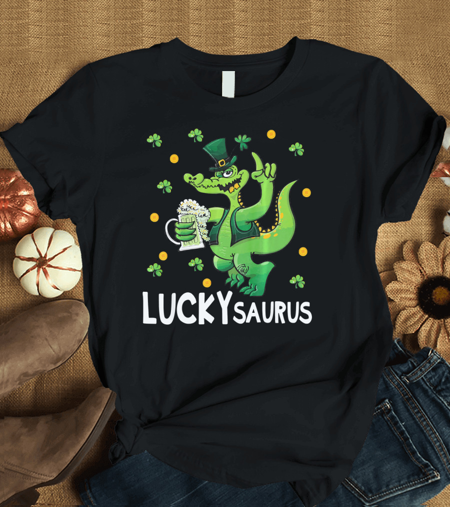 Luckysaurus Dinosaur Leprechaun Drinking Green Beer with Shamrocks and Coins T-Shirt