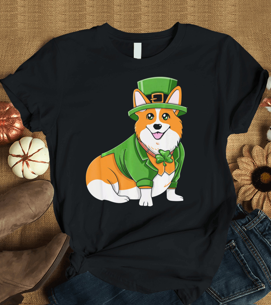 St Patricks Day Corgi Irish Dog in Leprechaun Hat and Green Suit T-Shirt