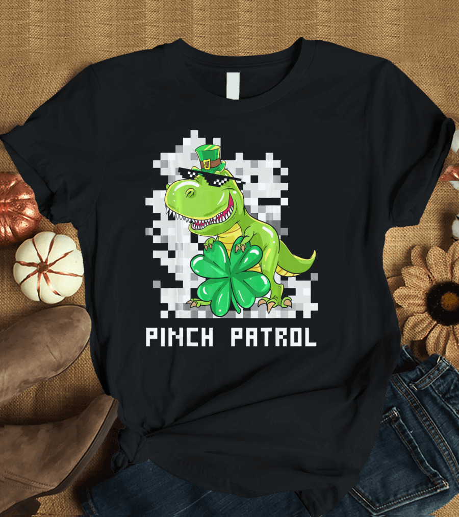 St Patrick Day Dinosaur Pinch Patrol Pixelated Clover and Hat T-Shirt