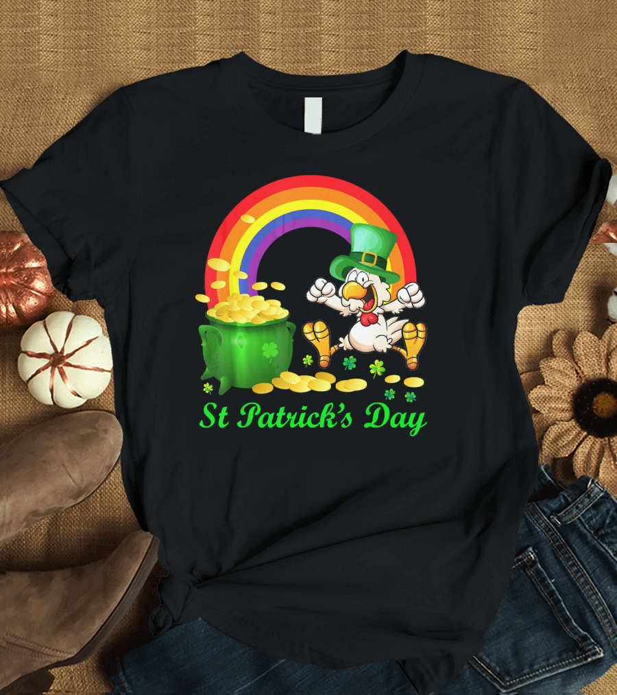 St Patrick's Day Chicken Leprechaun with Pot of Gold and Rainbow T-Shirt