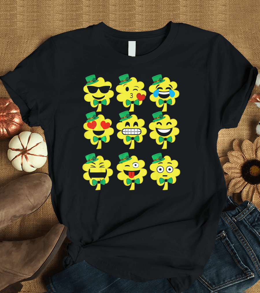 St Patricks Day Kids Emoji Shamrock Faces with Top Hats and Bowties T-Shirt