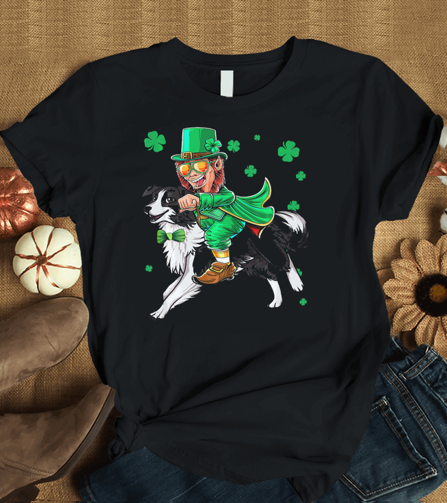 Leprechaun Riding Border Collie with Shamrocks T-Shirt