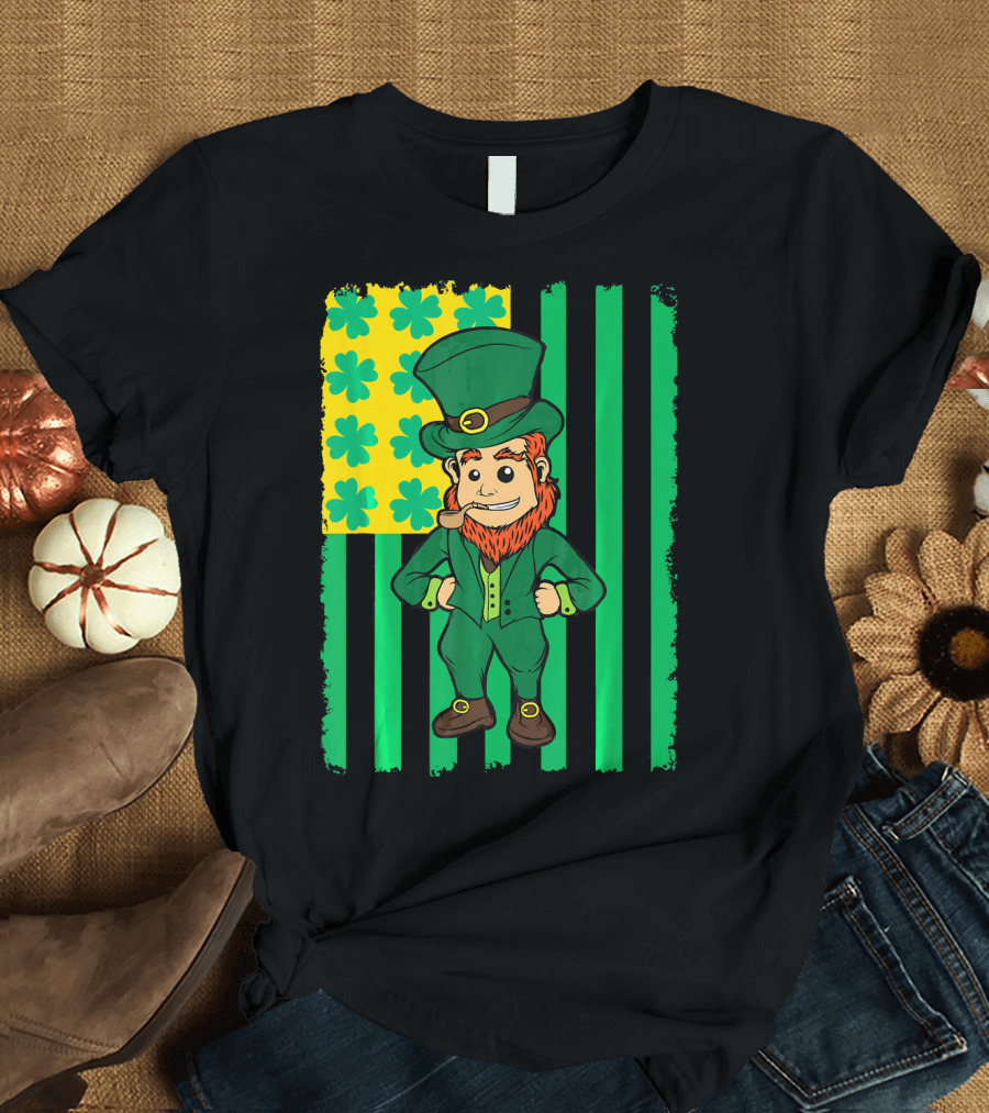 Irish American Leprechaun with Clover Flag T-Shirt