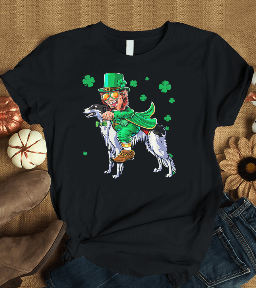Leprechaun Riding Borzoi with Shamrocks St. Patrick's Day T-Shirt