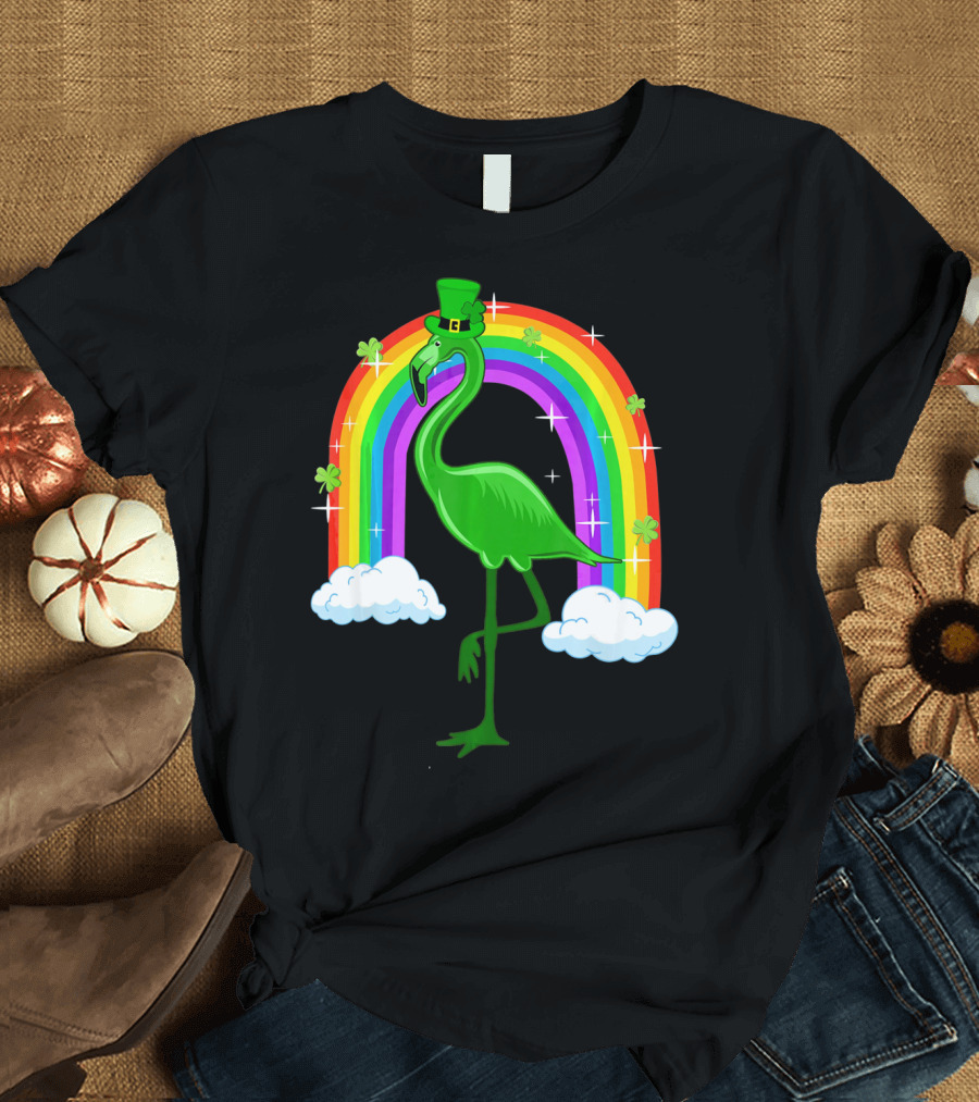 Leprechaun Flamingo with Rainbow and Clovers T-Shirt