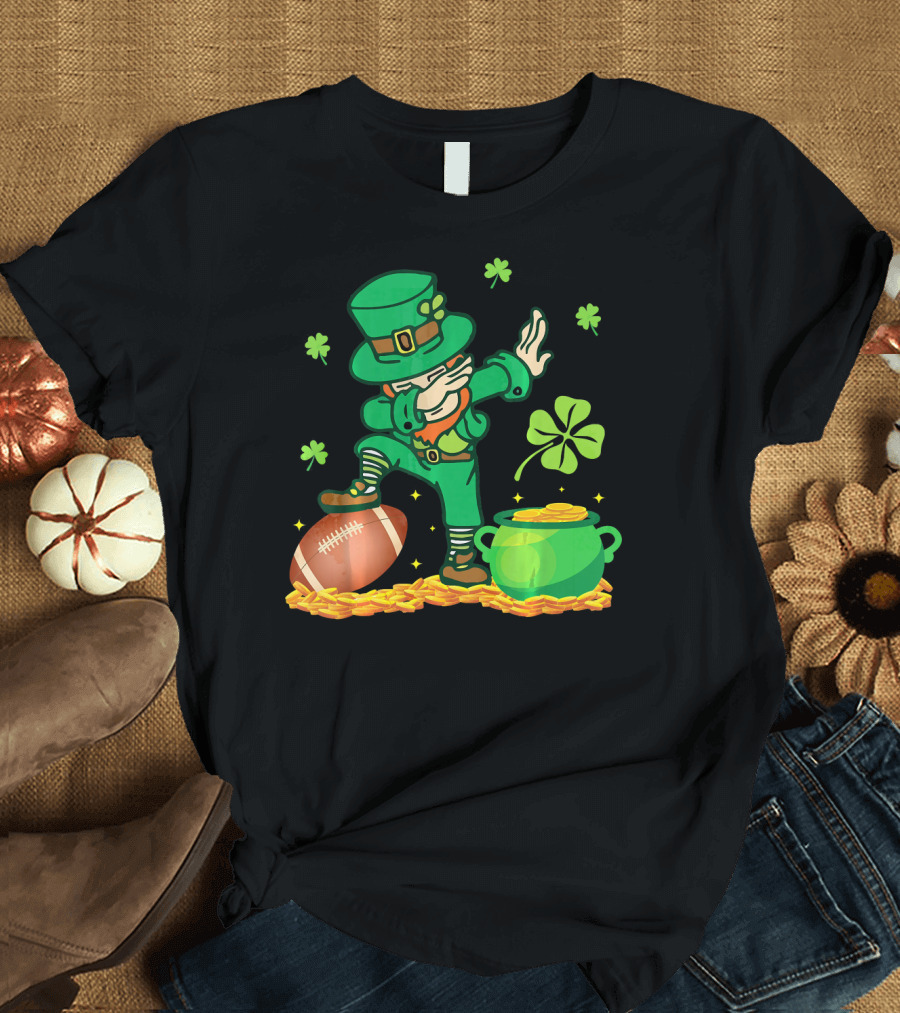 Leprechaun Dabbing with Football Shamrocks and Pot of Gold T-Shirt