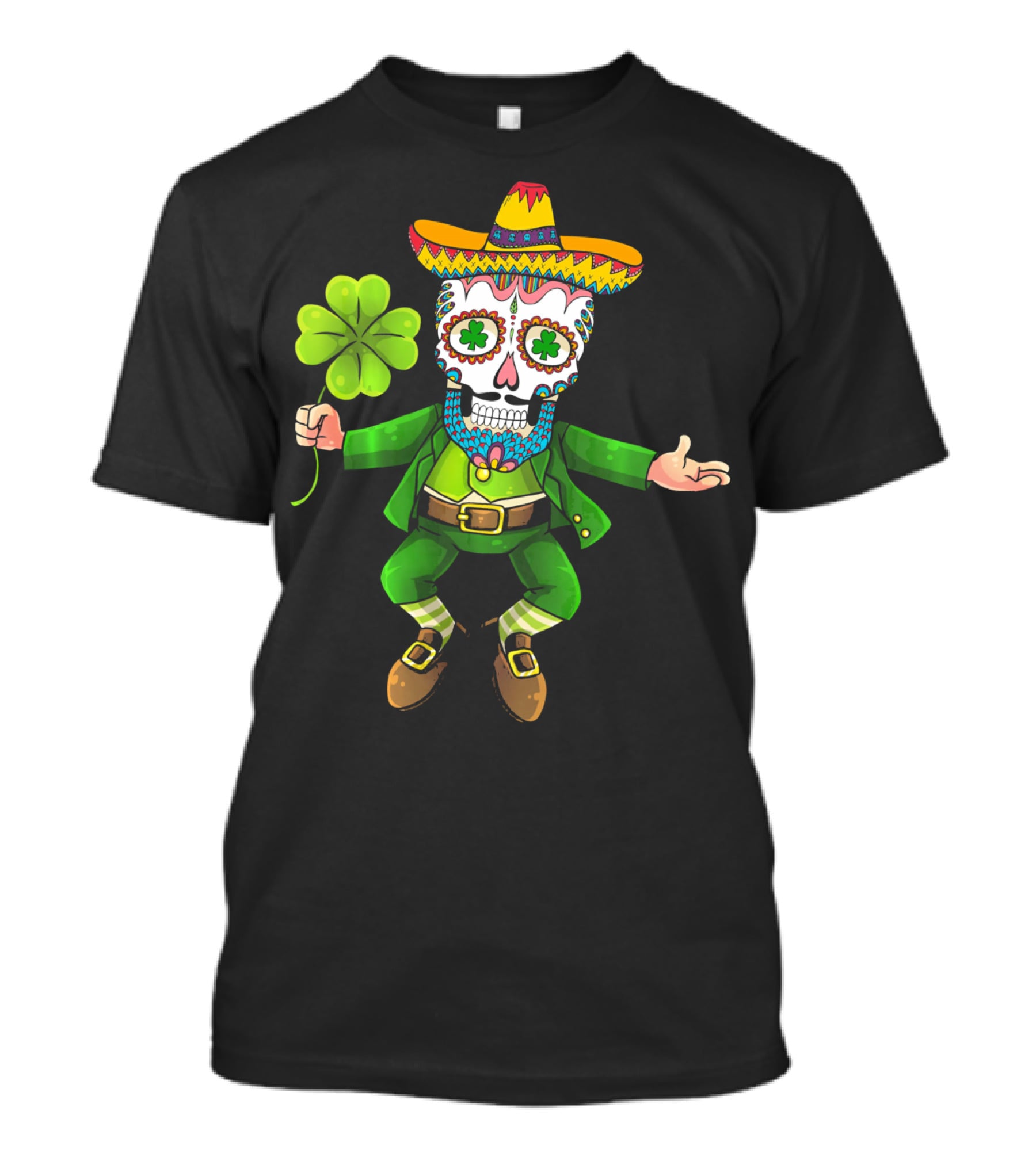 Cinco De Mayo Leprechaun Sugar Skull Sombrero And Shamrock T-Shirt