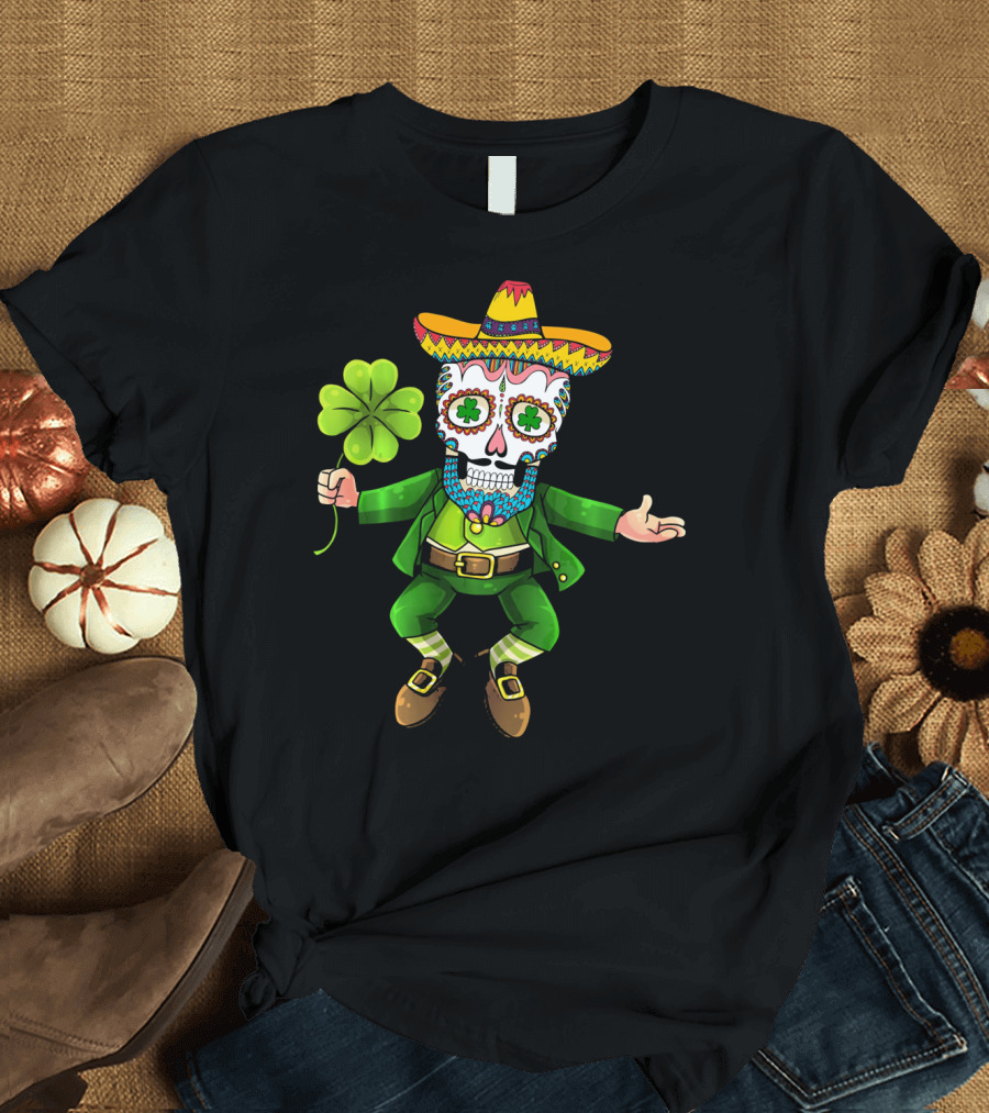 Cinco De Mayo Leprechaun Sugar Skull Sombrero and Shamrock T-Shirt