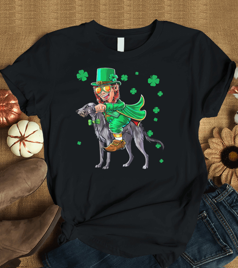 Leprechaun Riding Scottish Deerhound With Shamrocks T-Shirt