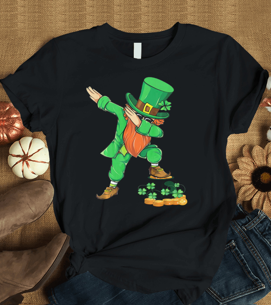 Leprechaun Dabbing with Shamrocks and Gold Coins T-Shirt