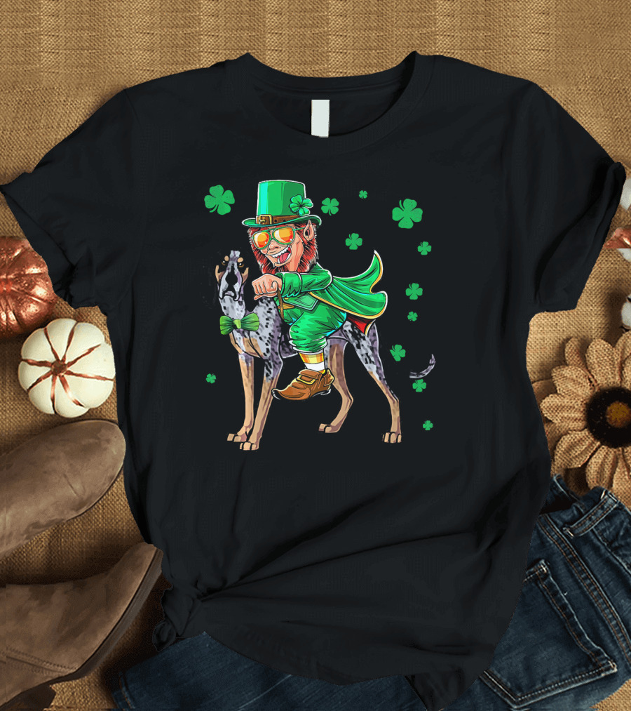 Leprechaun Riding Bluetick Coonhound with Shamrock Accents T-Shirt