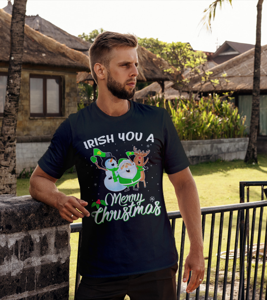 Irish You A Merry Christmas Snowman Santa Reindeer T-Shirt