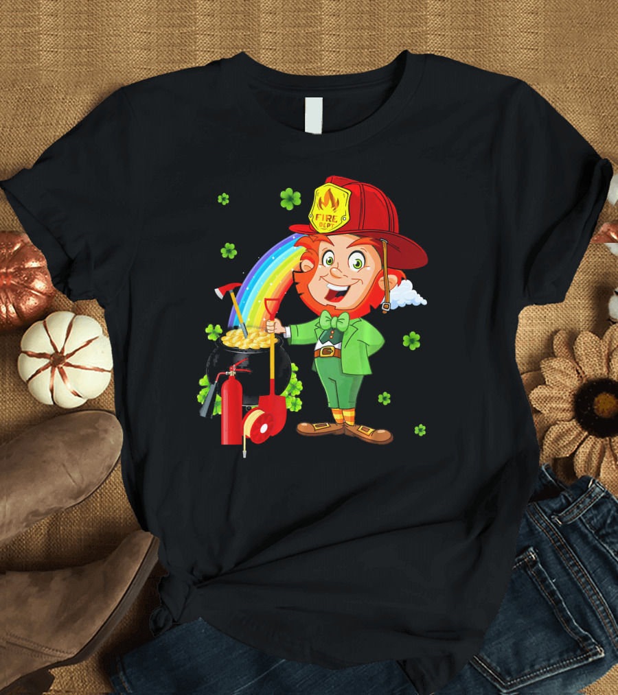 Fire Dept Leprechaun with Pot of Gold and Rainbow T-Shirt